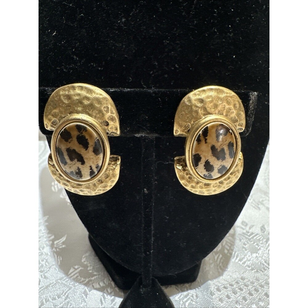 Vintage N.J  Clip On Earrings Hammered Leopard Style